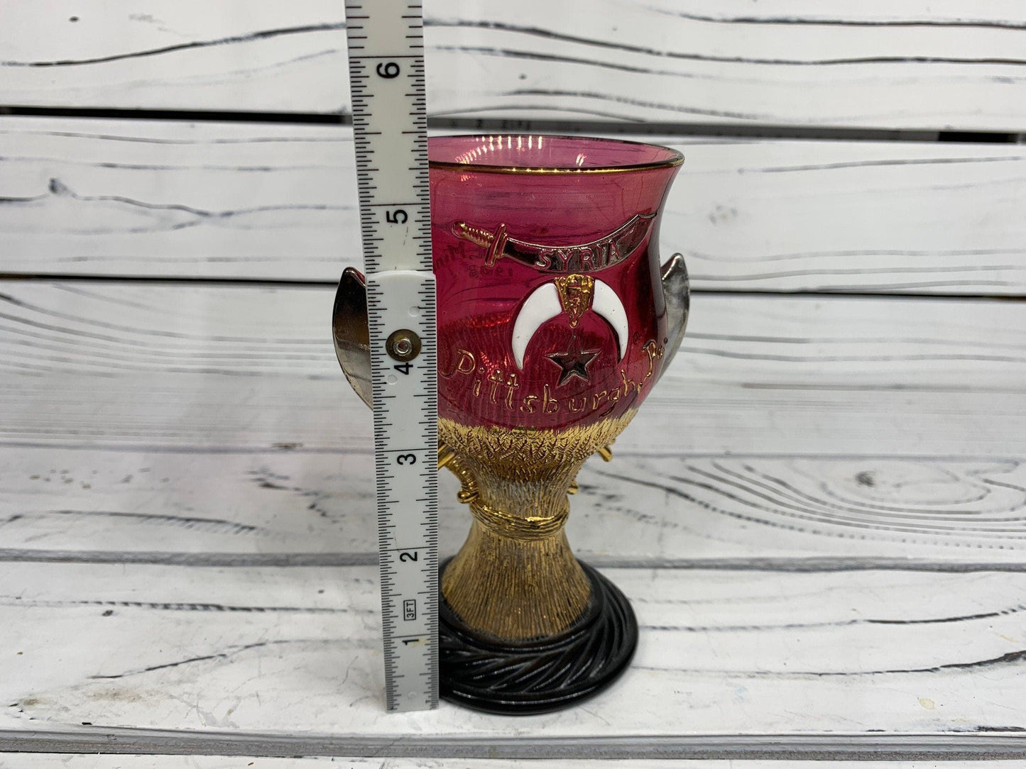 Antique Chalice, 1908 Shriner's Cup by Westmoreland, Ruby Color With Gold Color Accents -Located at Funkyhouse Vintage Antique Store, Weiser Idaho