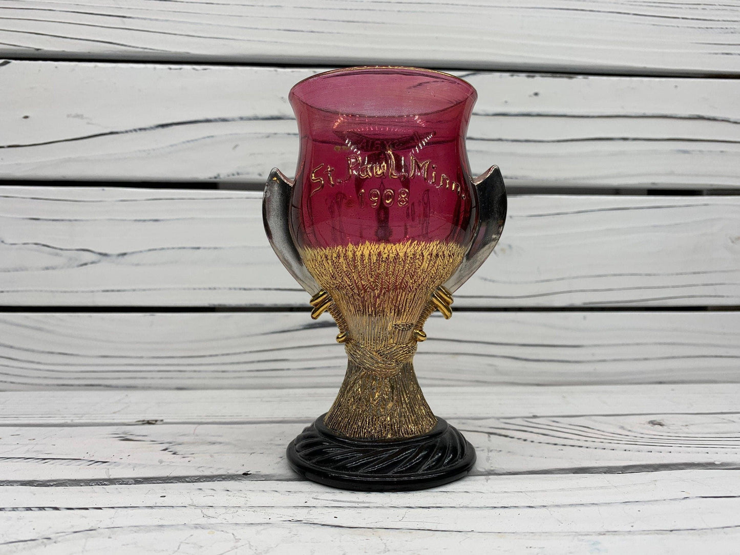 Antique Chalice, 1908 Shriner's Cup by Westmoreland, Ruby Color With Gold Color Accents -Located at Funkyhouse Vintage Antique Store, Weiser Idaho