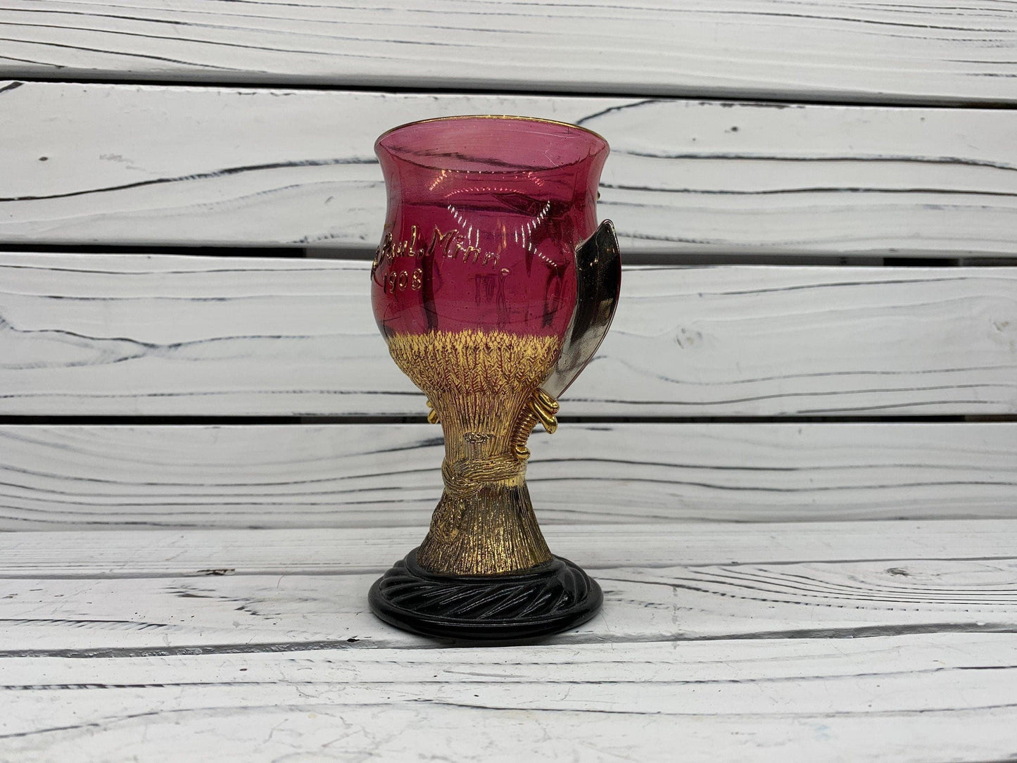 Antique Chalice, 1908 Shriner's Cup by Westmoreland, Ruby Color With Gold Color Accents -Located at Funkyhouse Vintage Antique Store, Weiser Idaho