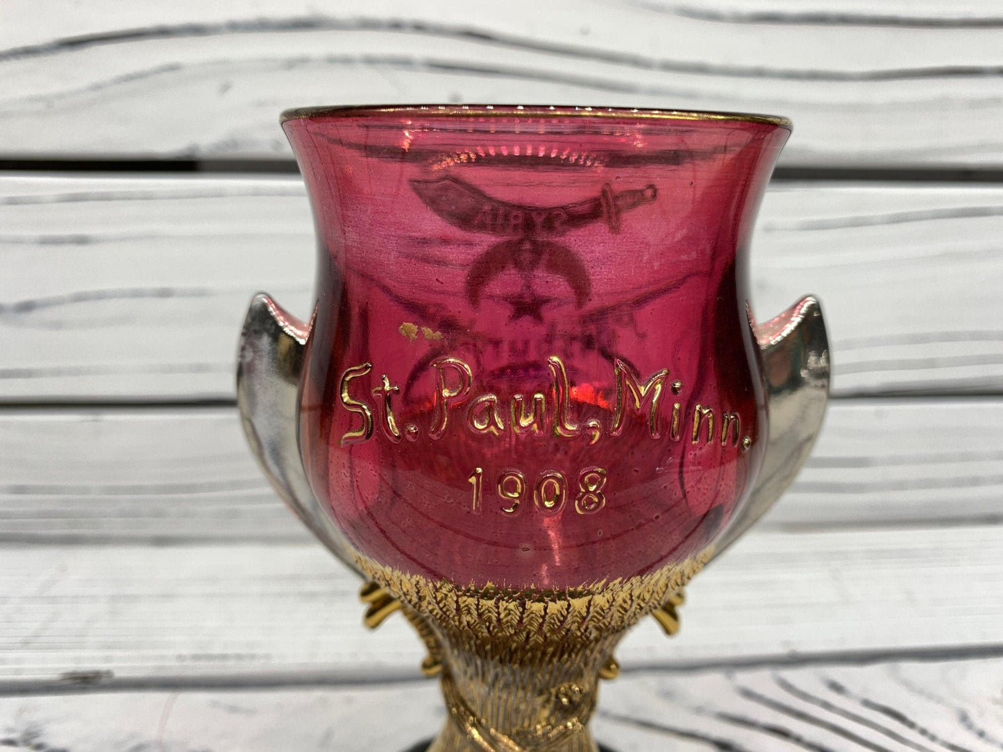 Antique Chalice, 1908 Shriner's Cup by Westmoreland, Ruby Color With Gold Color Accents -Located at Funkyhouse Vintage Antique Store, Weiser Idaho