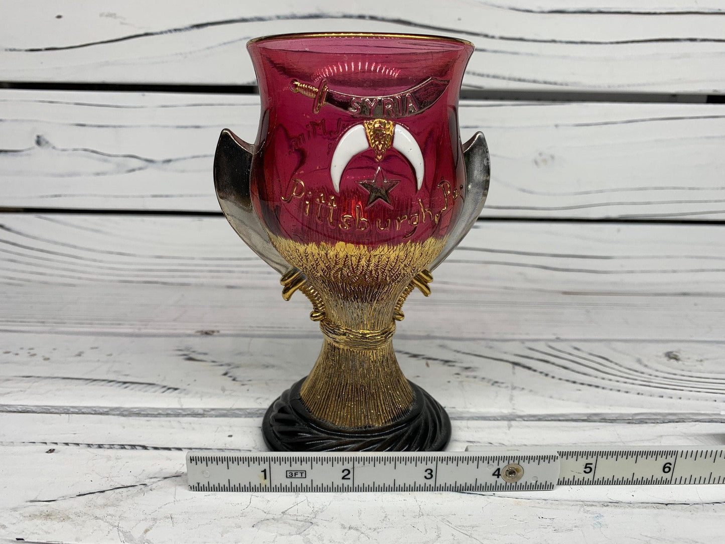 Antique Chalice, 1908 Shriner's Cup by Westmoreland, Ruby Color With Gold Color Accents -Located at Funkyhouse Vintage Antique Store, Weiser Idaho