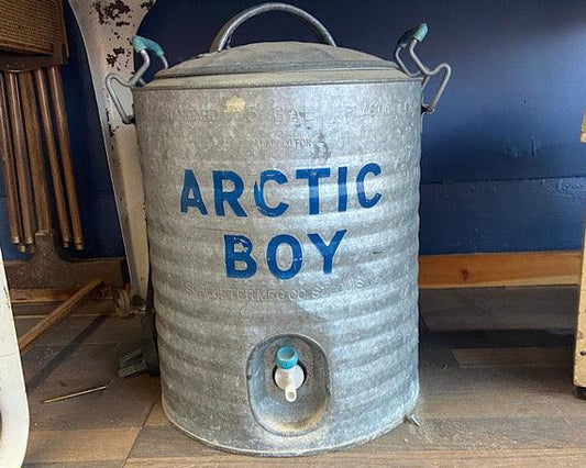Arctic Boy Cooler, Silver Metal With Blue Writing -Located at Funkyhouse Vintage Antique Store, Weiser Idaho