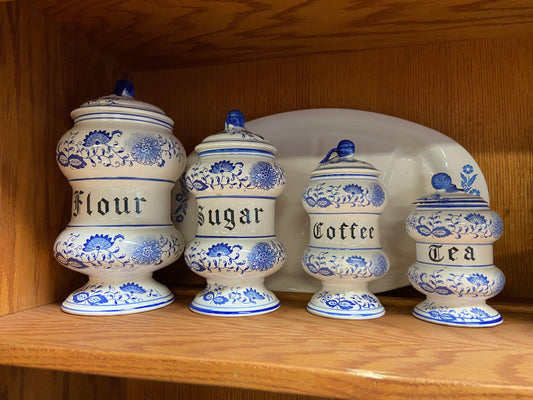 Arnart Blue & White Ornate Vintage Canister Set of 4 -Located at Funkyhouse Vintage Antique Store, Weiser Idaho