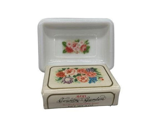 Avon Soap Dish With Unopened Matching Bar of Soap, White Avon Soap Tray With Flower Pattern -Located at Funkyhouse Vintage Antique Store, Weiser Idaho