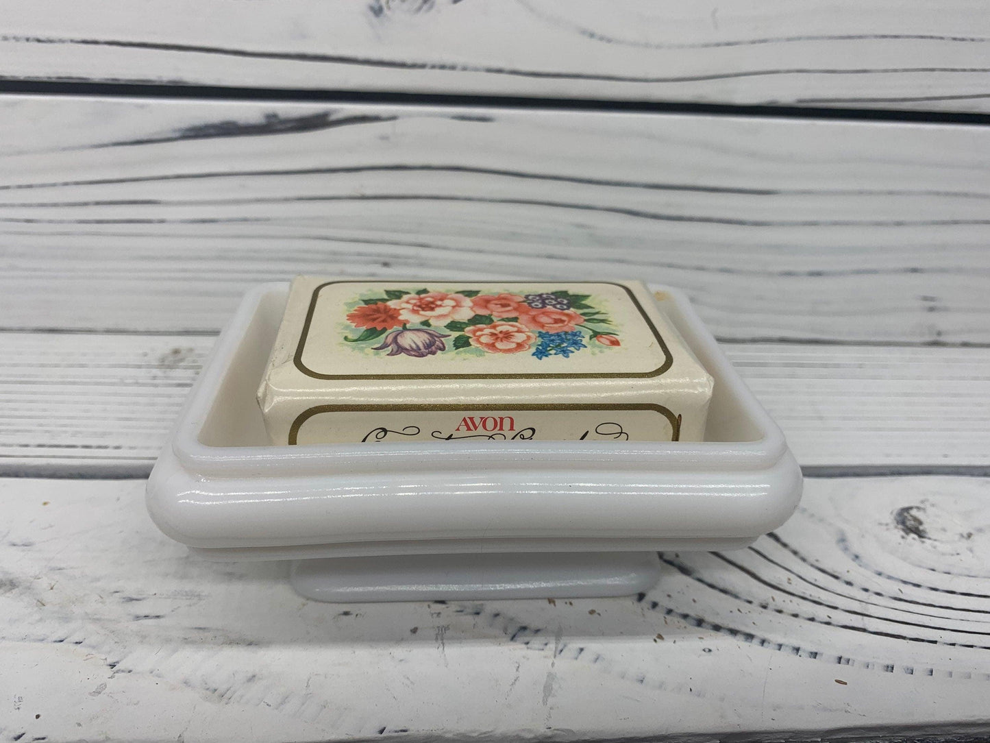Avon Soap Dish With Unopened Matching Bar of Soap, White Avon Soap Tray With Flower Pattern -Located at Funkyhouse Vintage Antique Store, Weiser Idaho