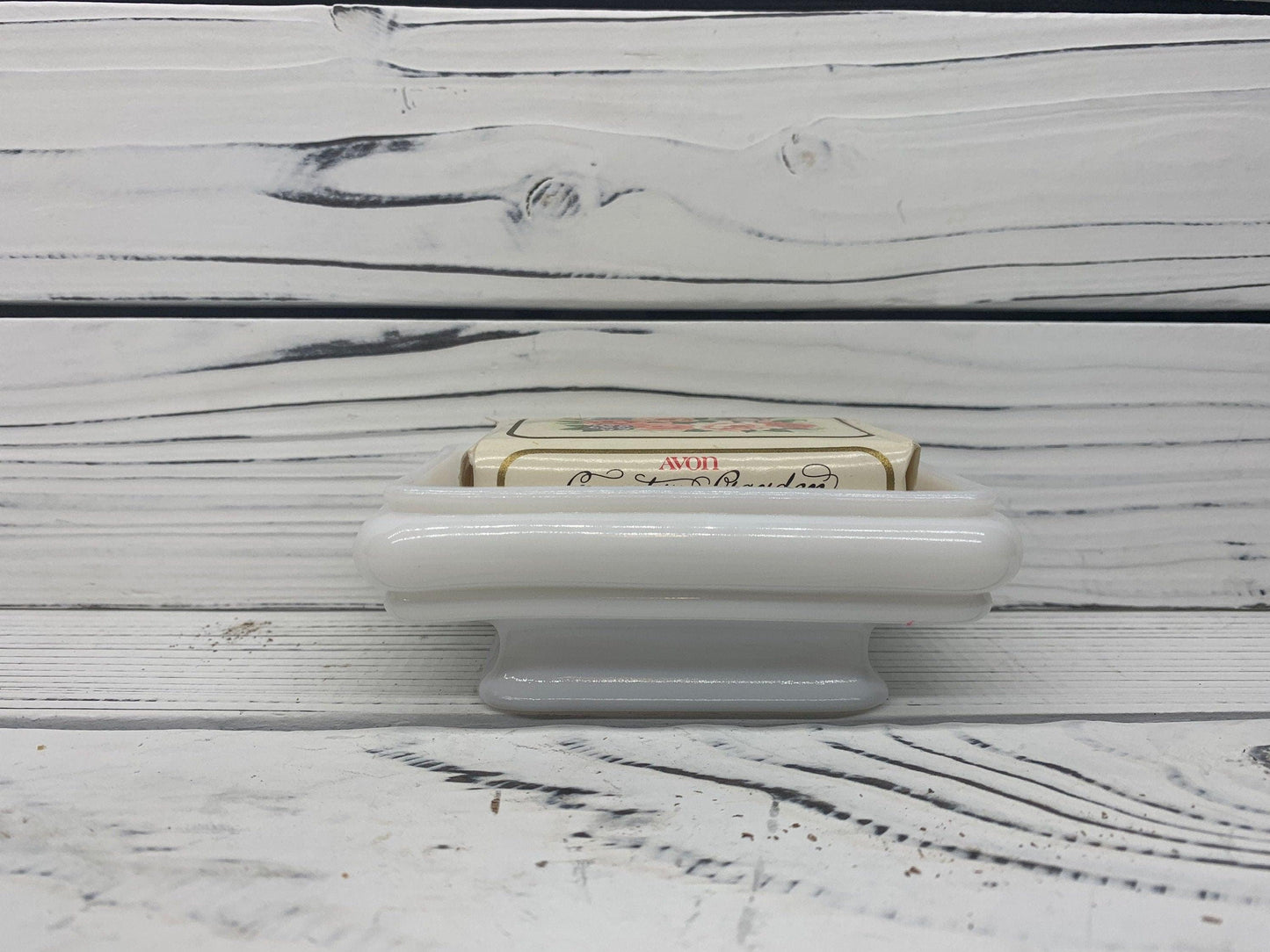 Avon Soap Dish With Unopened Matching Bar of Soap, White Avon Soap Tray With Flower Pattern -Located at Funkyhouse Vintage Antique Store, Weiser Idaho