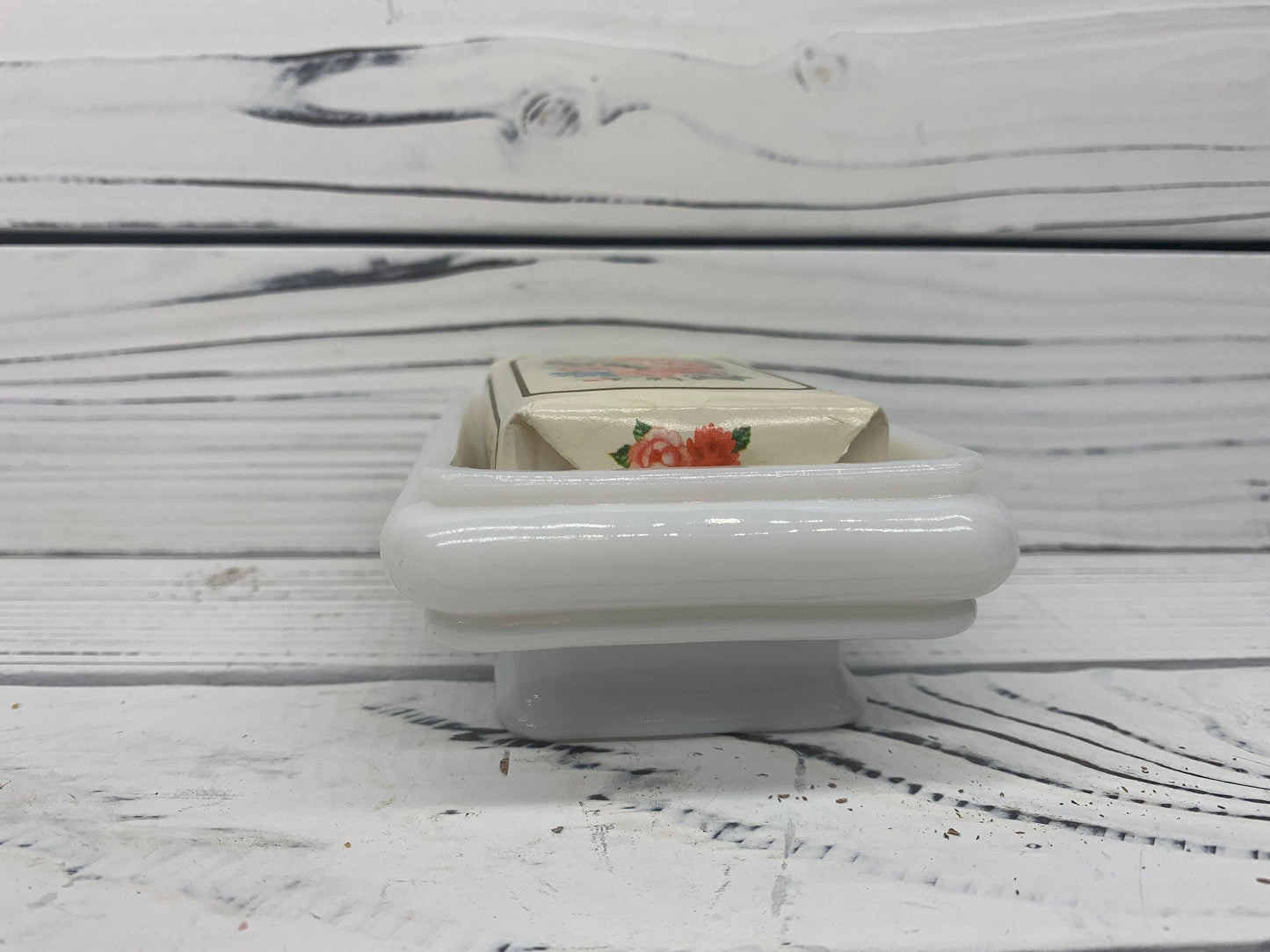 Avon Soap Dish With Unopened Matching Bar of Soap, White Avon Soap Tray With Flower Pattern -Located at Funkyhouse Vintage Antique Store, Weiser Idaho