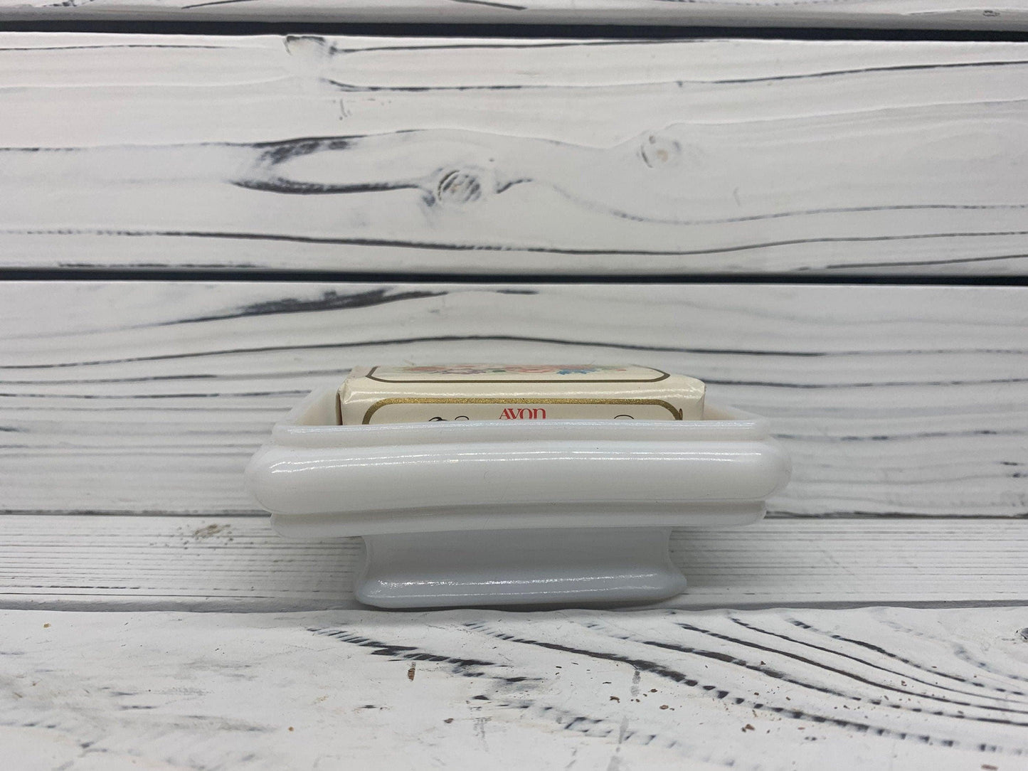 Avon Soap Dish With Unopened Matching Bar of Soap, White Avon Soap Tray With Flower Pattern -Located at Funkyhouse Vintage Antique Store, Weiser Idaho