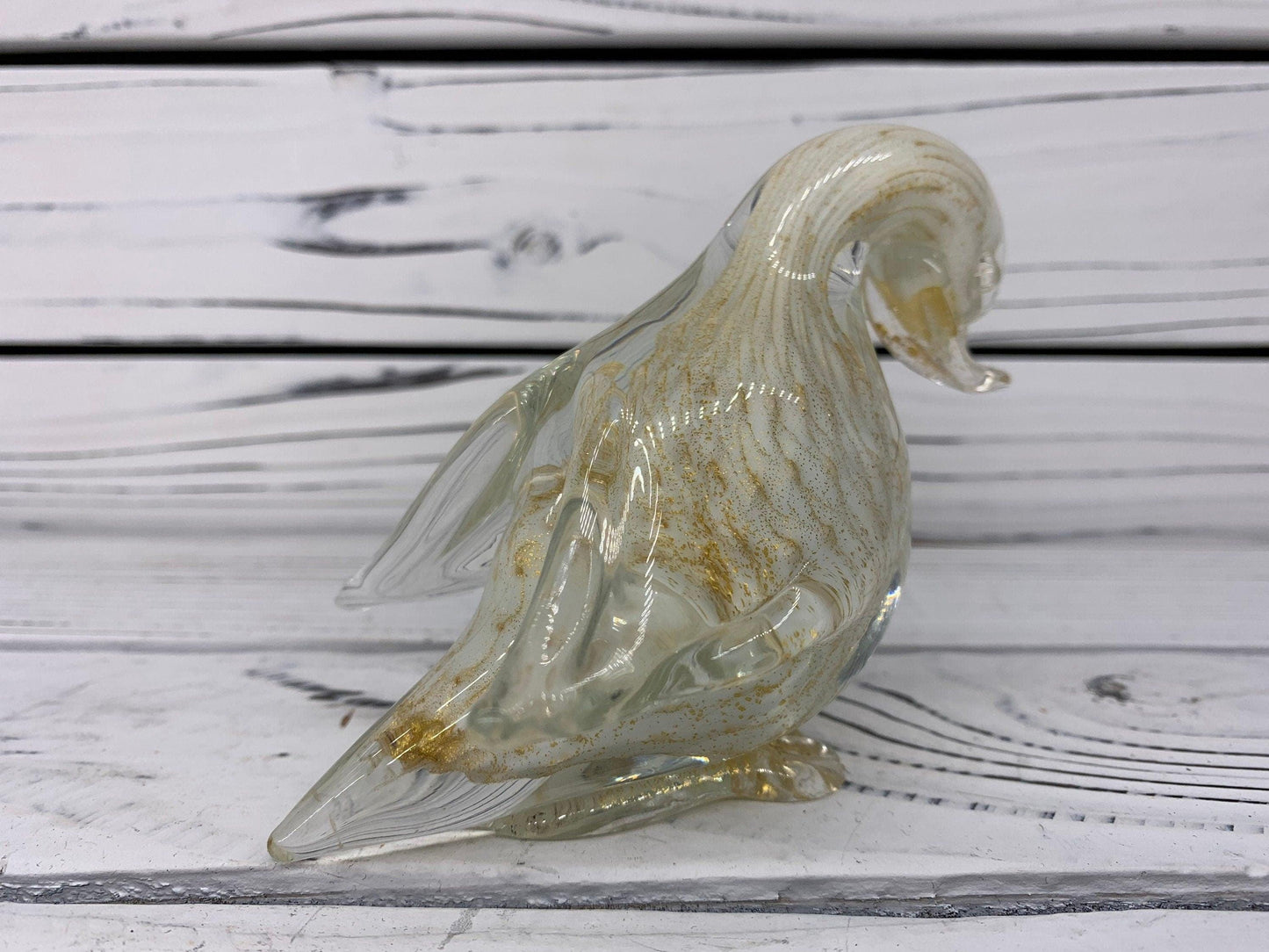 Barbini Murano Blown Glass Duck Sculpture, Controlled Bullicante White with Gold Dust and Bubbles, Italian Art -Located at Funkyhouse Vintage Antique Store, Weiser Idaho