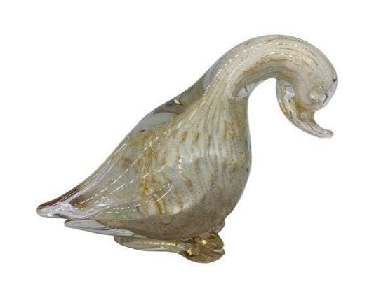 Barbini Murano Blown Glass Duck Sculpture, Controlled Bullicante White with Gold Dust and Bubbles, Italian Art -Located at Funkyhouse Vintage Antique Store, Weiser Idaho