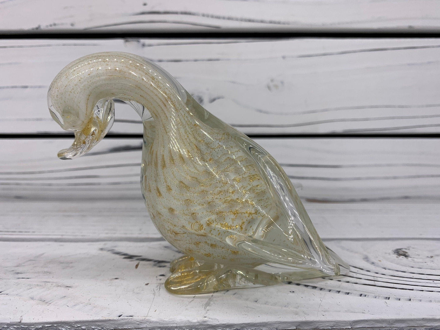Barbini Murano Blown Glass Duck Sculpture, Controlled Bullicante White with Gold Dust and Bubbles, Italian Art -Located at Funkyhouse Vintage Antique Store, Weiser Idaho