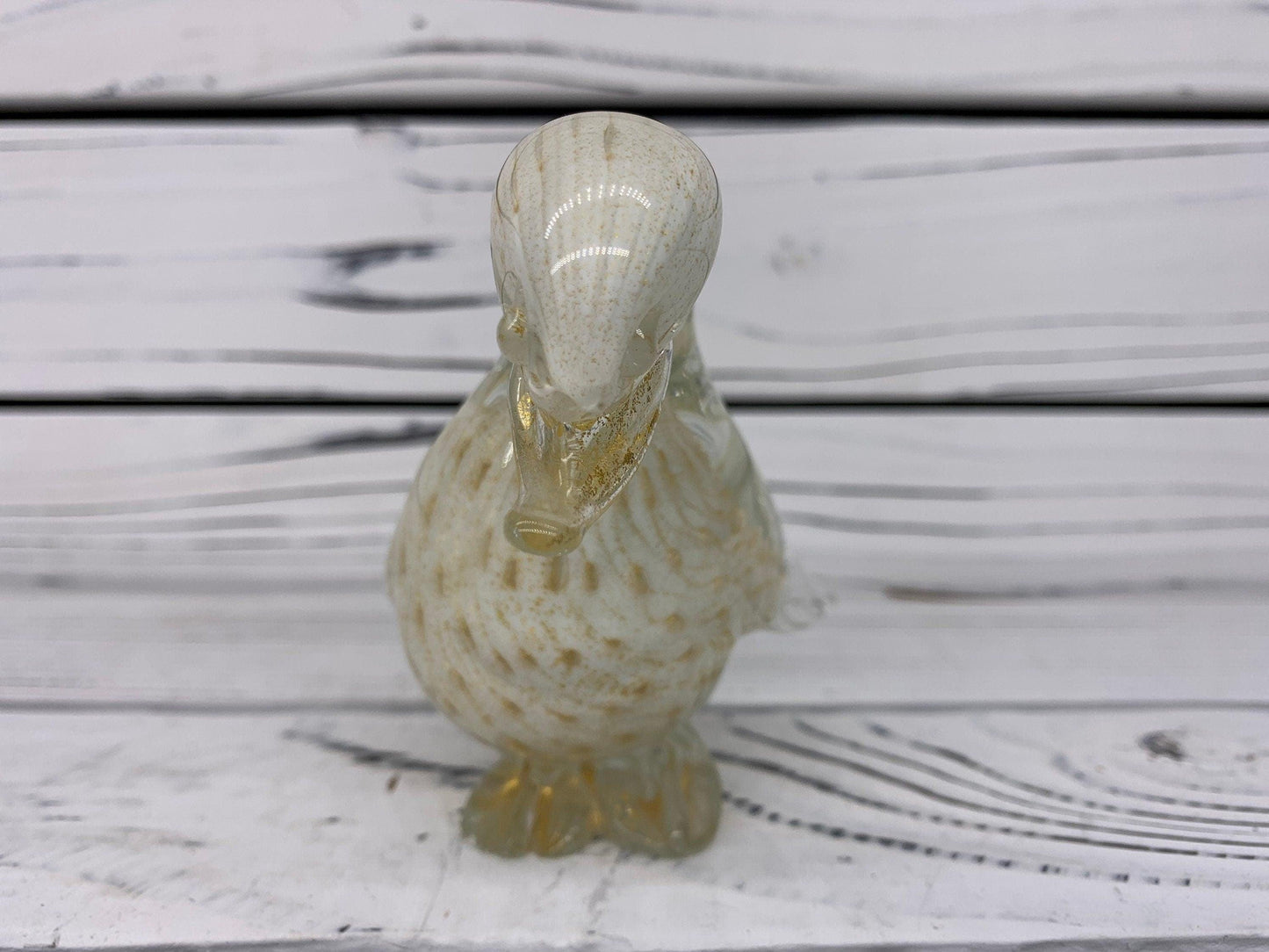 Barbini Murano Blown Glass Duck Sculpture, Controlled Bullicante White with Gold Dust and Bubbles, Italian Art -Located at Funkyhouse Vintage Antique Store, Weiser Idaho