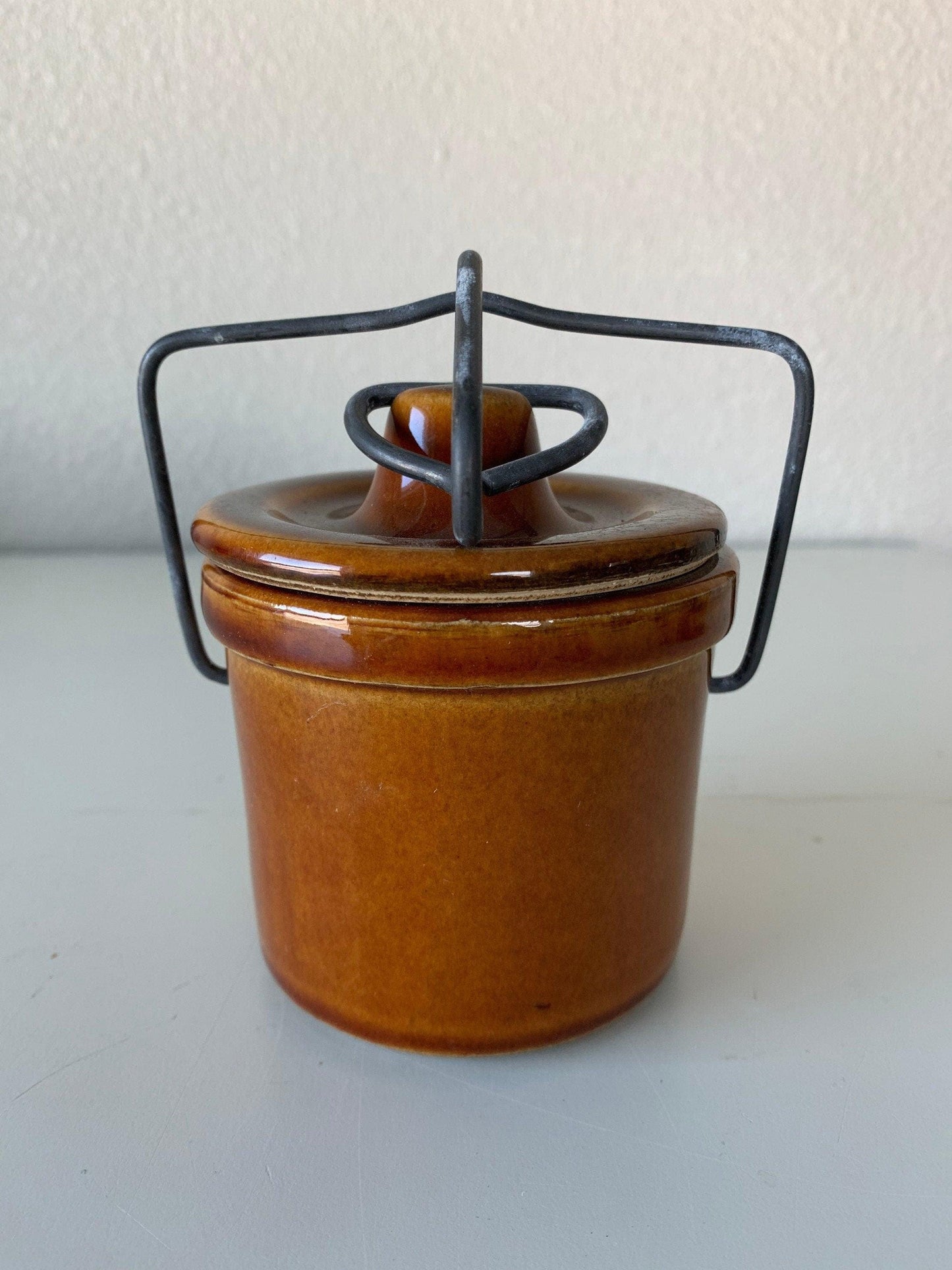 Brown Cheese Crocks, Set of 3 Canisters, Wire Closures, Farmhouse Country Pottery -Located at Funkyhouse Vintage Antique Store, Weiser Idaho
