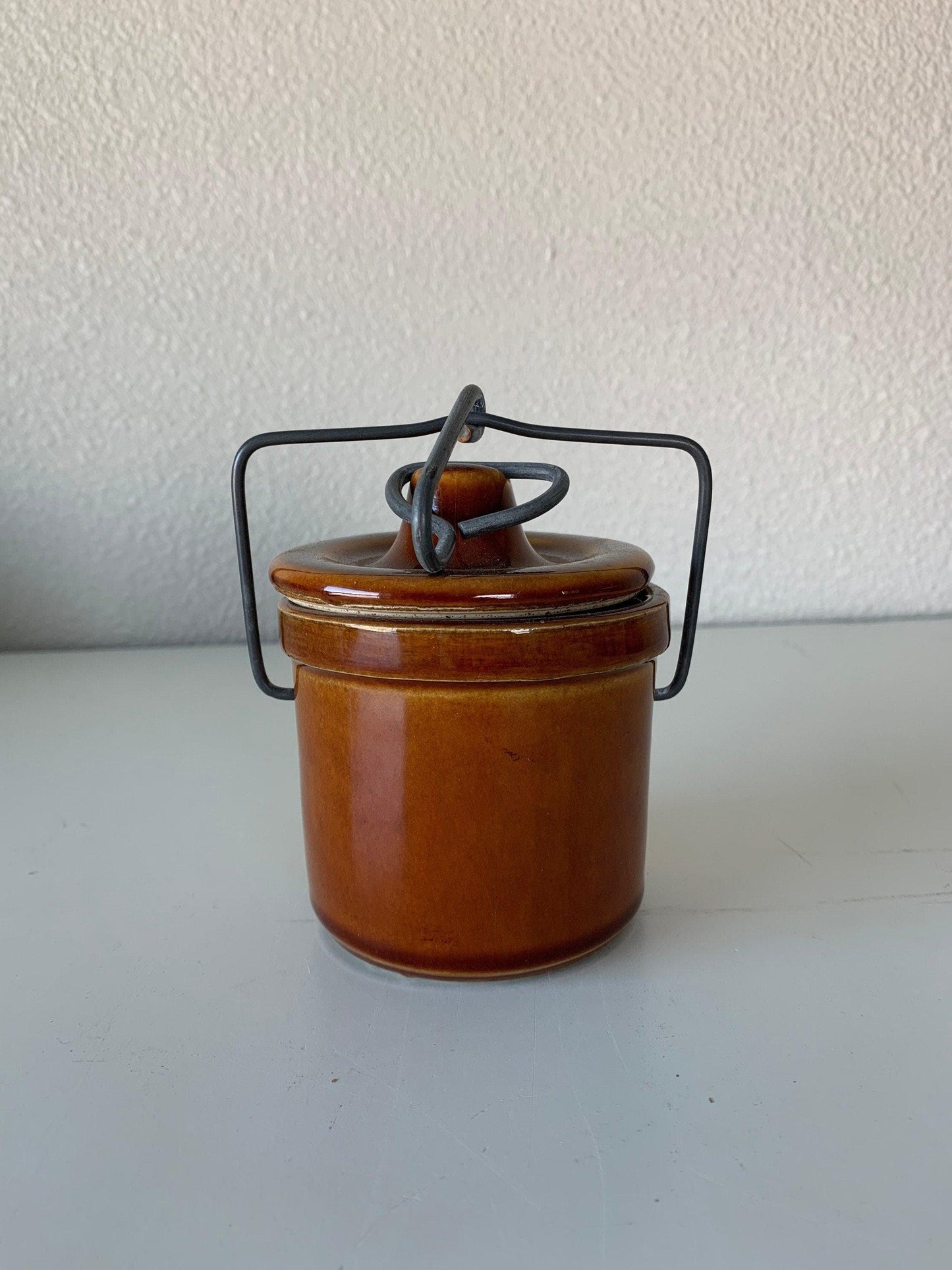 Brown Cheese Crocks, Set of 3 Canisters, Wire Closures, Farmhouse Country Pottery -Located at Funkyhouse Vintage Antique Store, Weiser Idaho