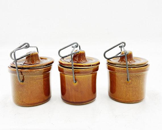 Brown Cheese Crocks, Set of 3 Canisters, Wire Closures, Farmhouse Country Pottery -Located at Funkyhouse Vintage Antique Store, Weiser Idaho