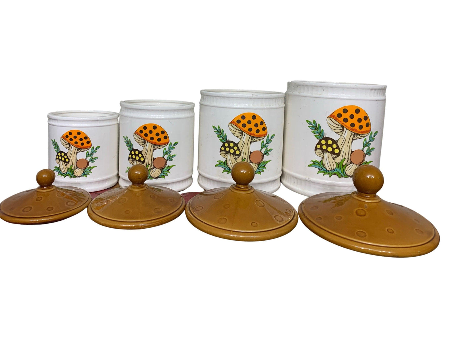 Canister Set of 4, Vintage Merry Mushroom Pattern From Sears Roebuck,1982 Canisters Made In Japan -Located at Funkyhouse Vintage Antique Store, Weiser Idaho