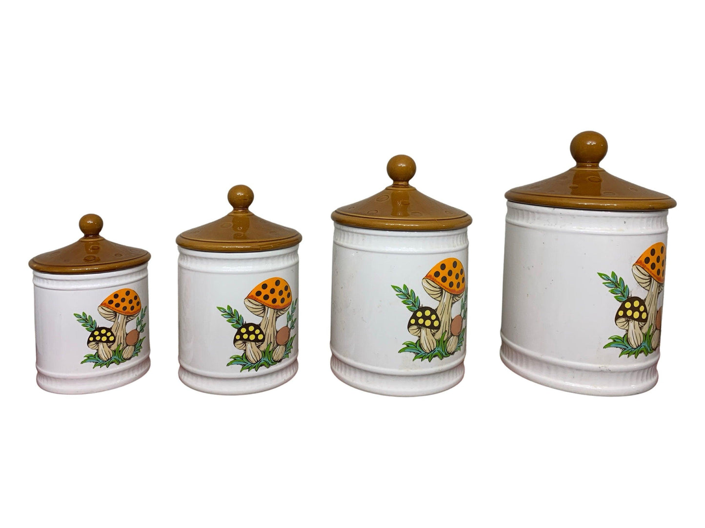 Canister Set of 4, Vintage Merry Mushroom Pattern From Sears Roebuck,1982 Canisters Made In Japan -Located at Funkyhouse Vintage Antique Store, Weiser Idaho