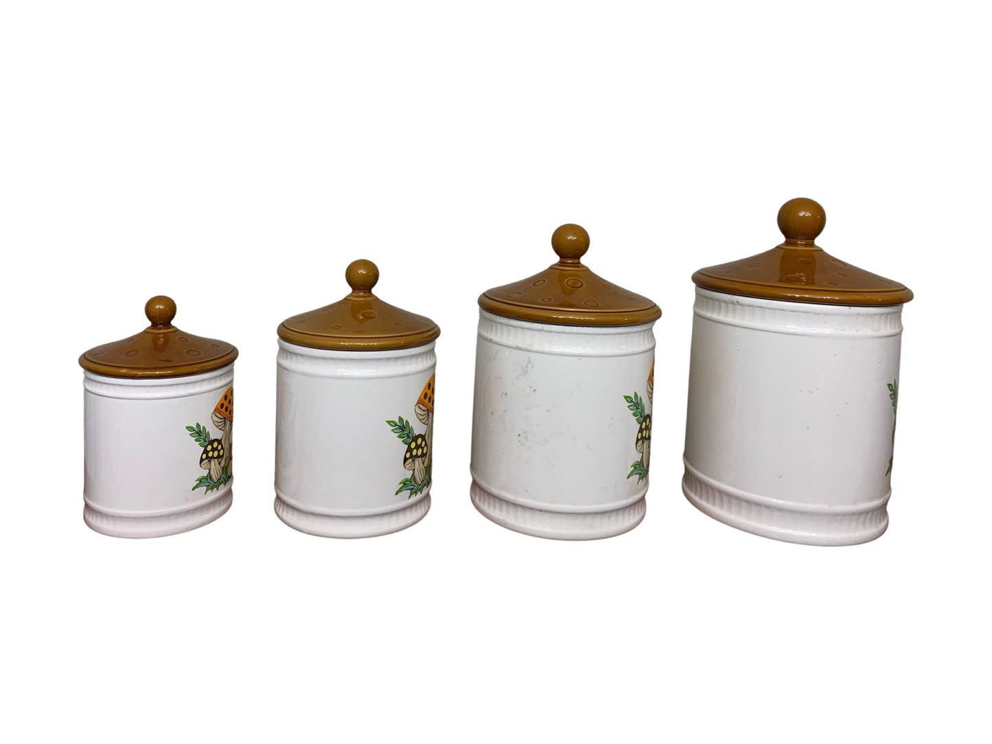 Canister Set of 4, Vintage Merry Mushroom Pattern From Sears Roebuck,1982 Canisters Made In Japan -Located at Funkyhouse Vintage Antique Store, Weiser Idaho