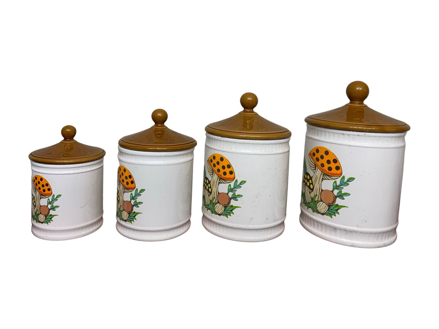 Canister Set of 4, Vintage Merry Mushroom Pattern From Sears Roebuck,1982 Canisters Made In Japan -Located at Funkyhouse Vintage Antique Store, Weiser Idaho