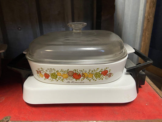 Corningware Electric Skillet & Casserole Dish, Spice of Life Pattern -Located at Funkyhouse Vintage Antique Store, Weiser Idaho
