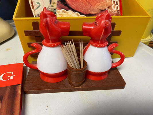 Cow Set Salt Pepper Shakers, Red & White Plastic With Toothpick Holder -Located at Funkyhouse Vintage Antique Store, Weiser Idaho
