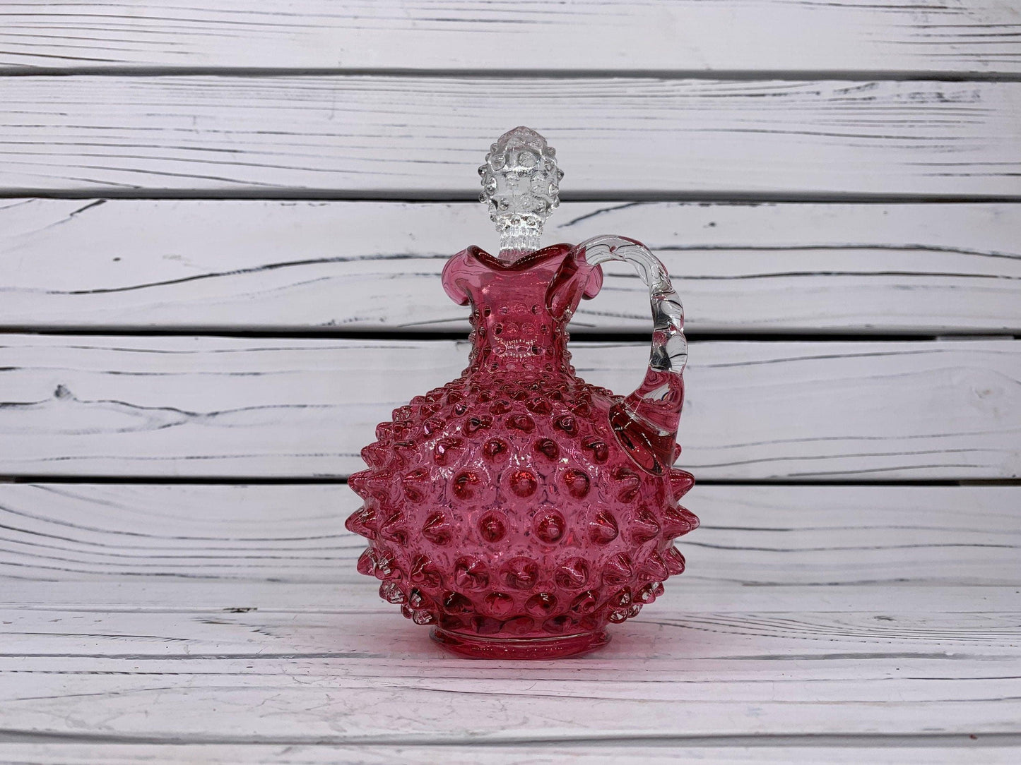 Fenton Cranberry Glass Hobnail Cruet with Clear Stopper, Vintage Red and Pink Decorative Glass -Located at Funkyhouse Vintage Antique Store, Weiser Idaho