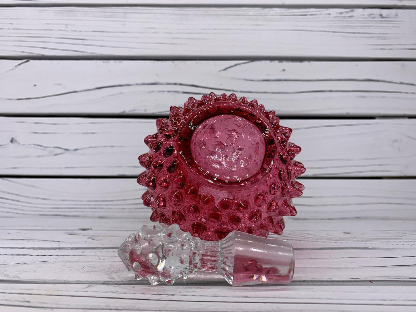 Fenton Cranberry Glass Hobnail Cruet with Clear Stopper, Vintage Red and Pink Decorative Glass -Located at Funkyhouse Vintage Antique Store, Weiser Idaho