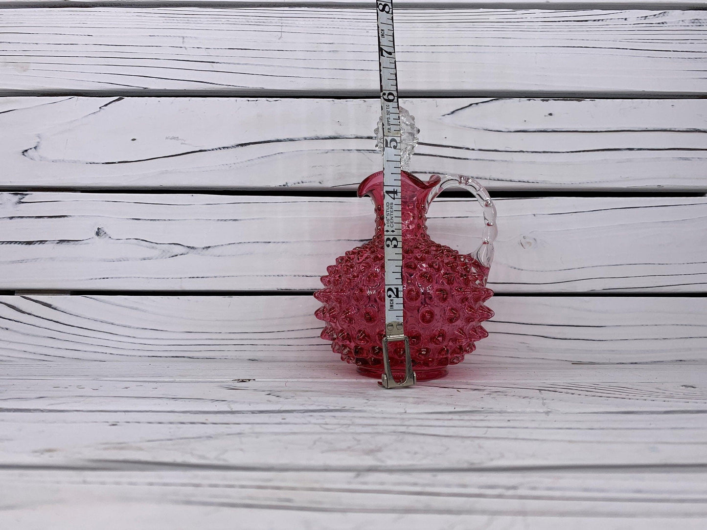 Fenton Cranberry Glass Hobnail Cruet with Clear Stopper, Vintage Red and Pink Decorative Glass -Located at Funkyhouse Vintage Antique Store, Weiser Idaho