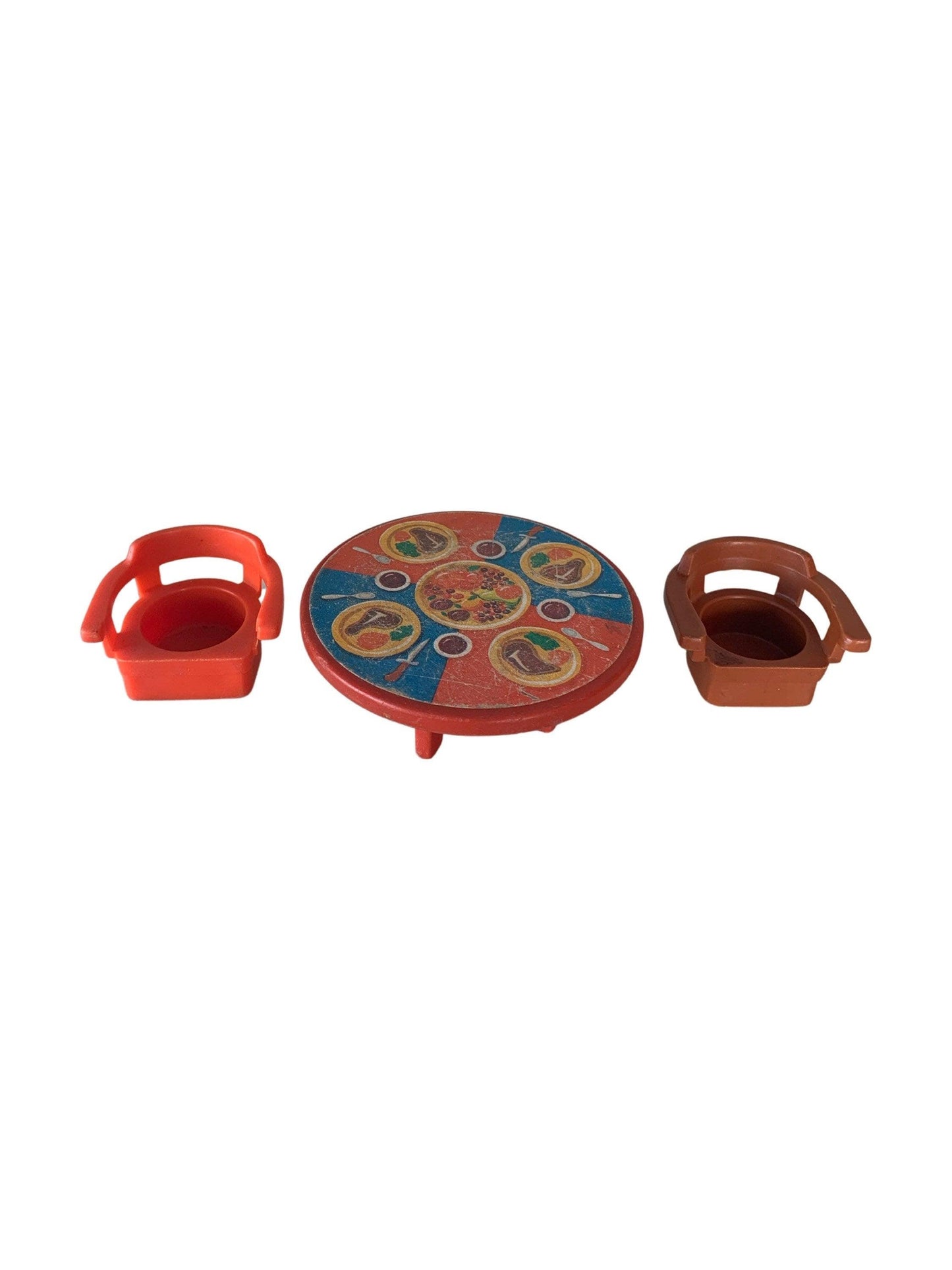 Fisher Price Table And 2 Chairs, Vintage Little People Dining Orange Red and Yellow Dining Table -Located at Funkyhouse Vintage Antique Store, Weiser Idaho