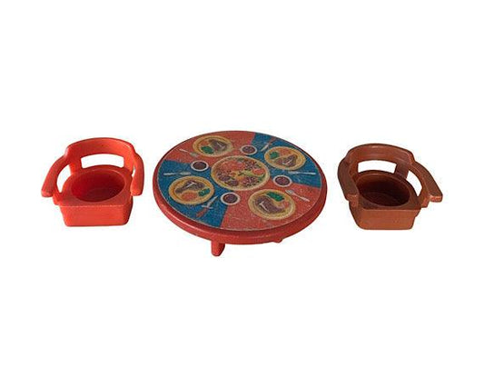 Fisher Price Table And 2 Chairs, Vintage Little People Dining Orange Red and Yellow Dining Table -Located at Funkyhouse Vintage Antique Store, Weiser Idaho