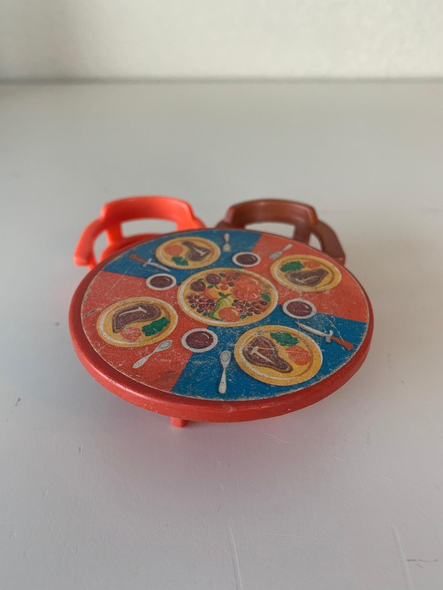 Fisher Price Table And 2 Chairs, Vintage Little People Dining Orange Red and Yellow Dining Table -Located at Funkyhouse Vintage Antique Store, Weiser Idaho