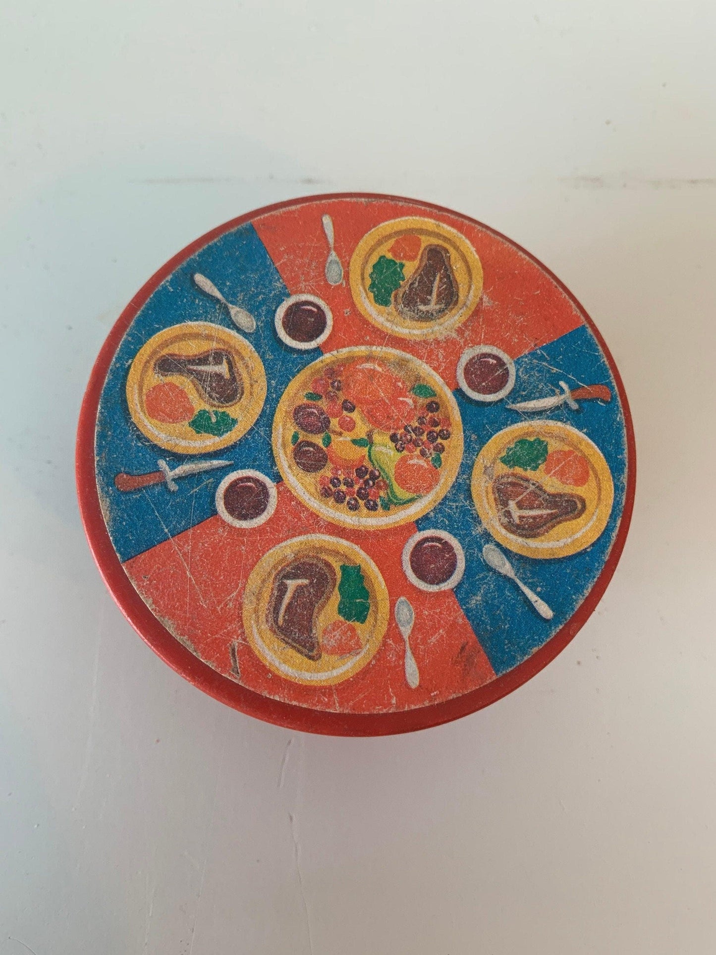 Fisher Price Table And 2 Chairs, Vintage Little People Dining Orange Red and Yellow Dining Table -Located at Funkyhouse Vintage Antique Store, Weiser Idaho