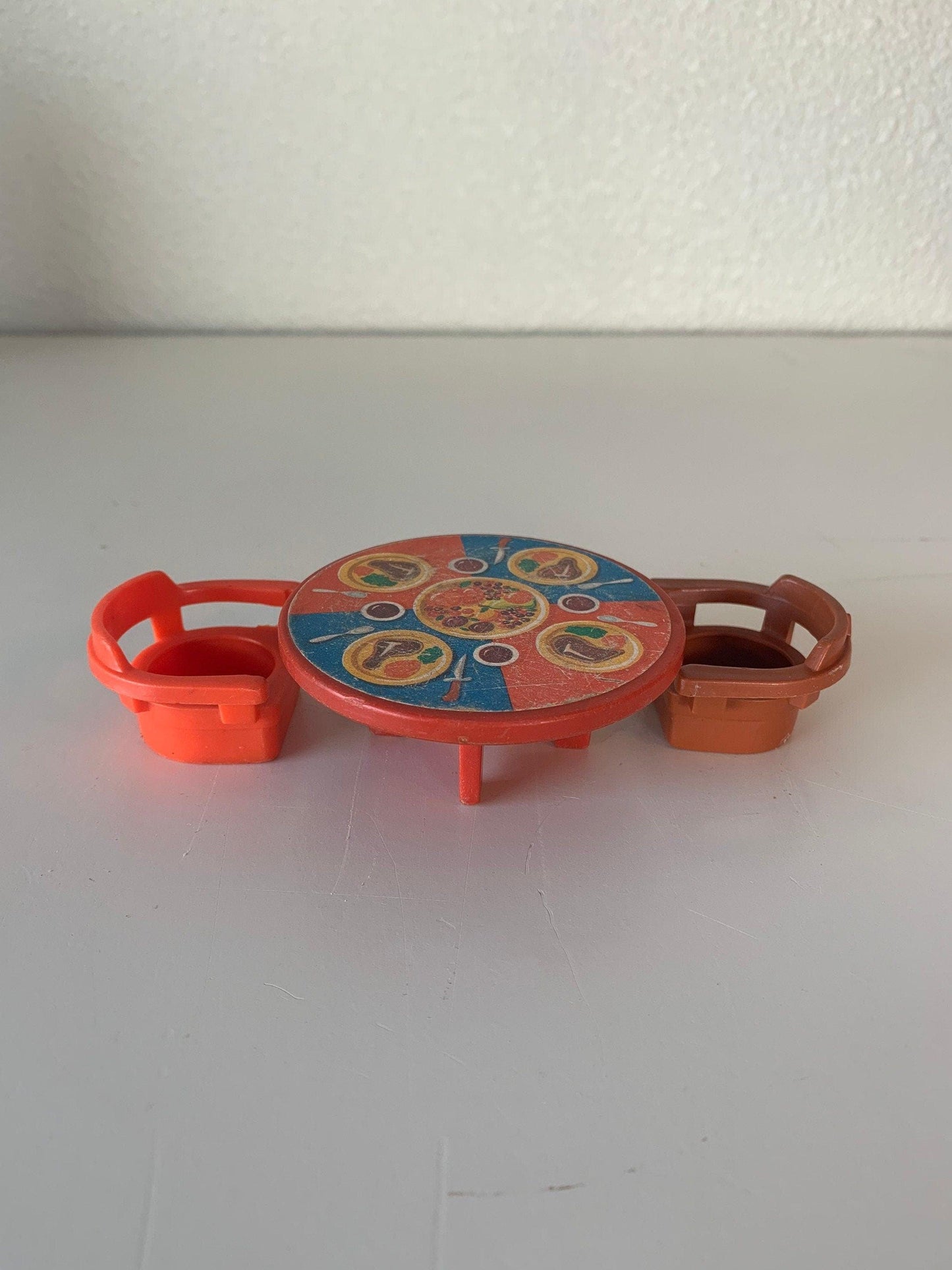Fisher Price Table And 2 Chairs, Vintage Little People Dining Orange Red and Yellow Dining Table -Located at Funkyhouse Vintage Antique Store, Weiser Idaho