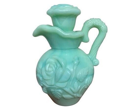 Glass Pitcher With Stopper By Avon, Ornate Green 1970s Vintage Beauty Products And Bathroom Decor -Located at Funkyhouse Vintage Antique Store, Weiser Idaho