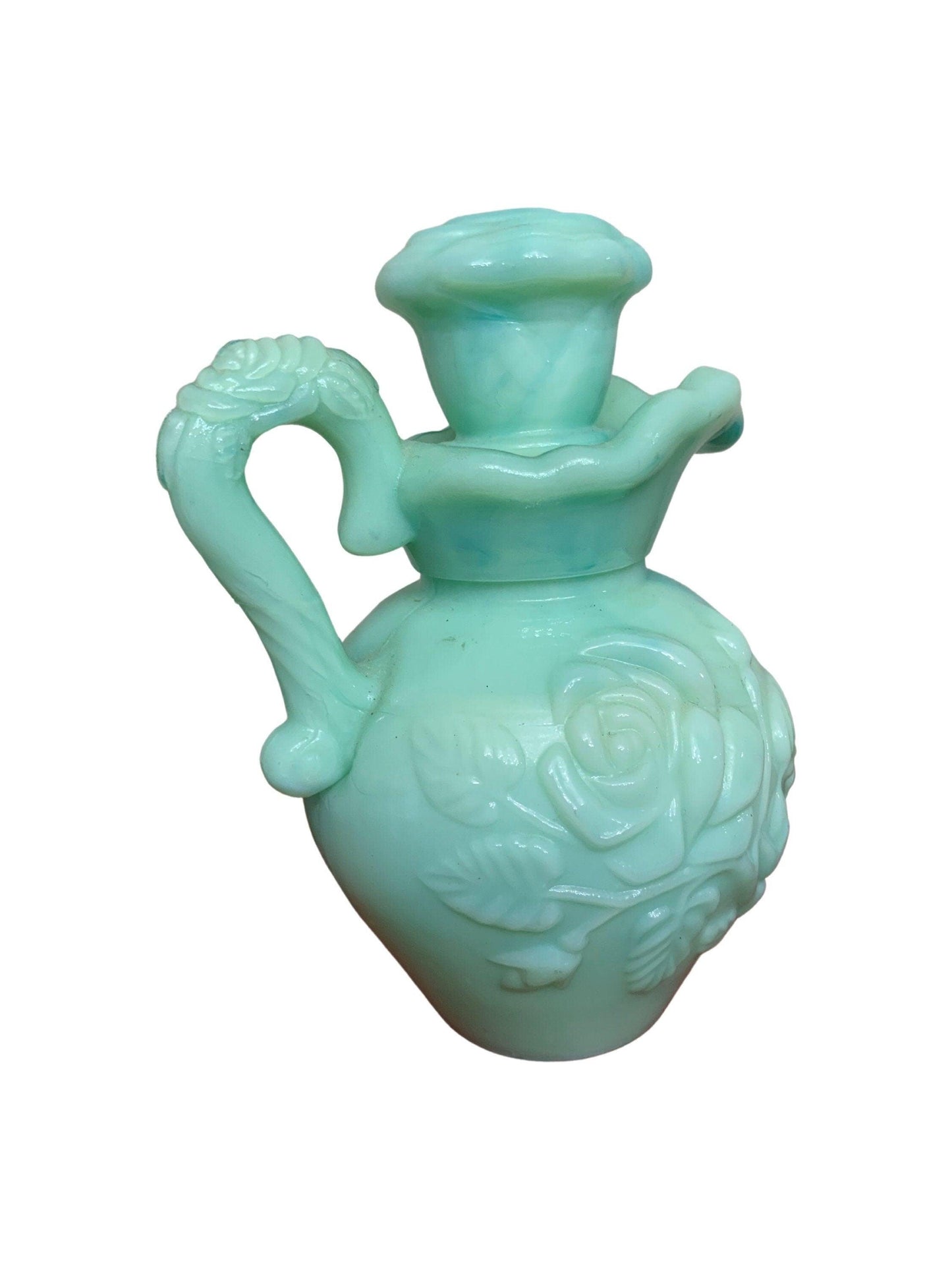 Glass Pitcher With Stopper By Avon, Ornate Green 1970s Vintage Beauty Products And Bathroom Decor -Located at Funkyhouse Vintage Antique Store, Weiser Idaho