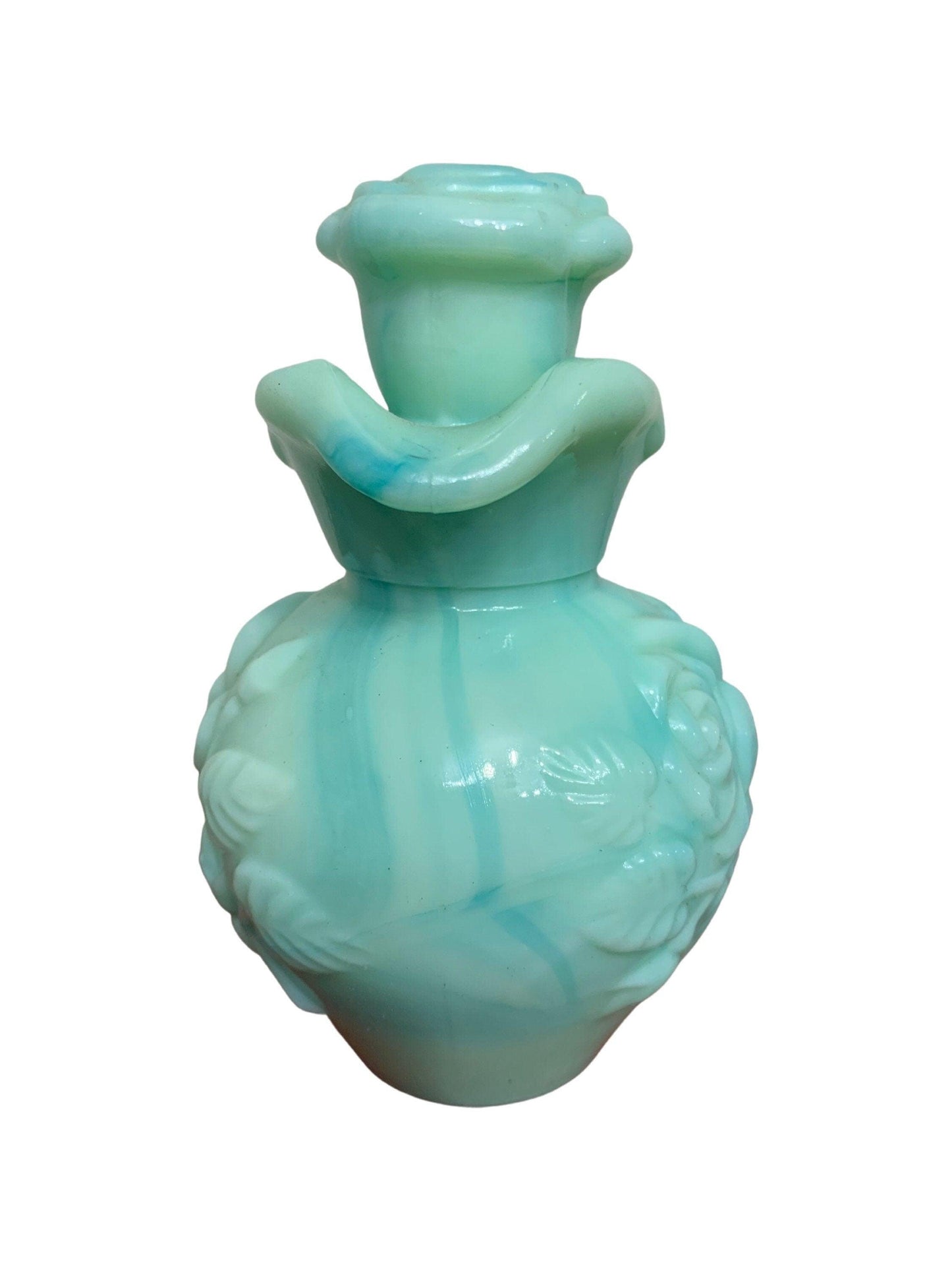 Glass Pitcher With Stopper By Avon, Ornate Green 1970s Vintage Beauty Products And Bathroom Decor -Located at Funkyhouse Vintage Antique Store, Weiser Idaho