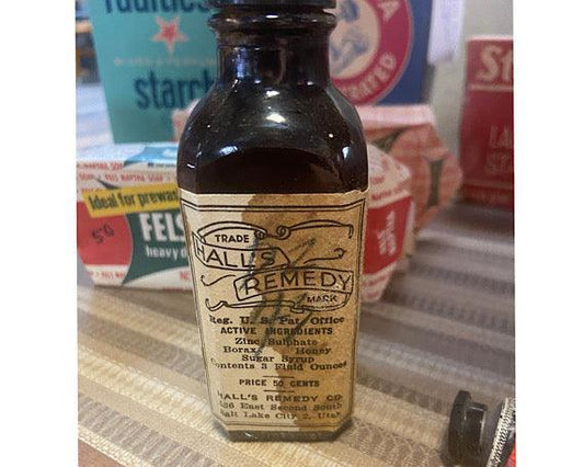 Halls Remedy, Vintage Medicine Bottle with Label -Located at Funkyhouse Vintage Antique Store, Weiser Idaho
