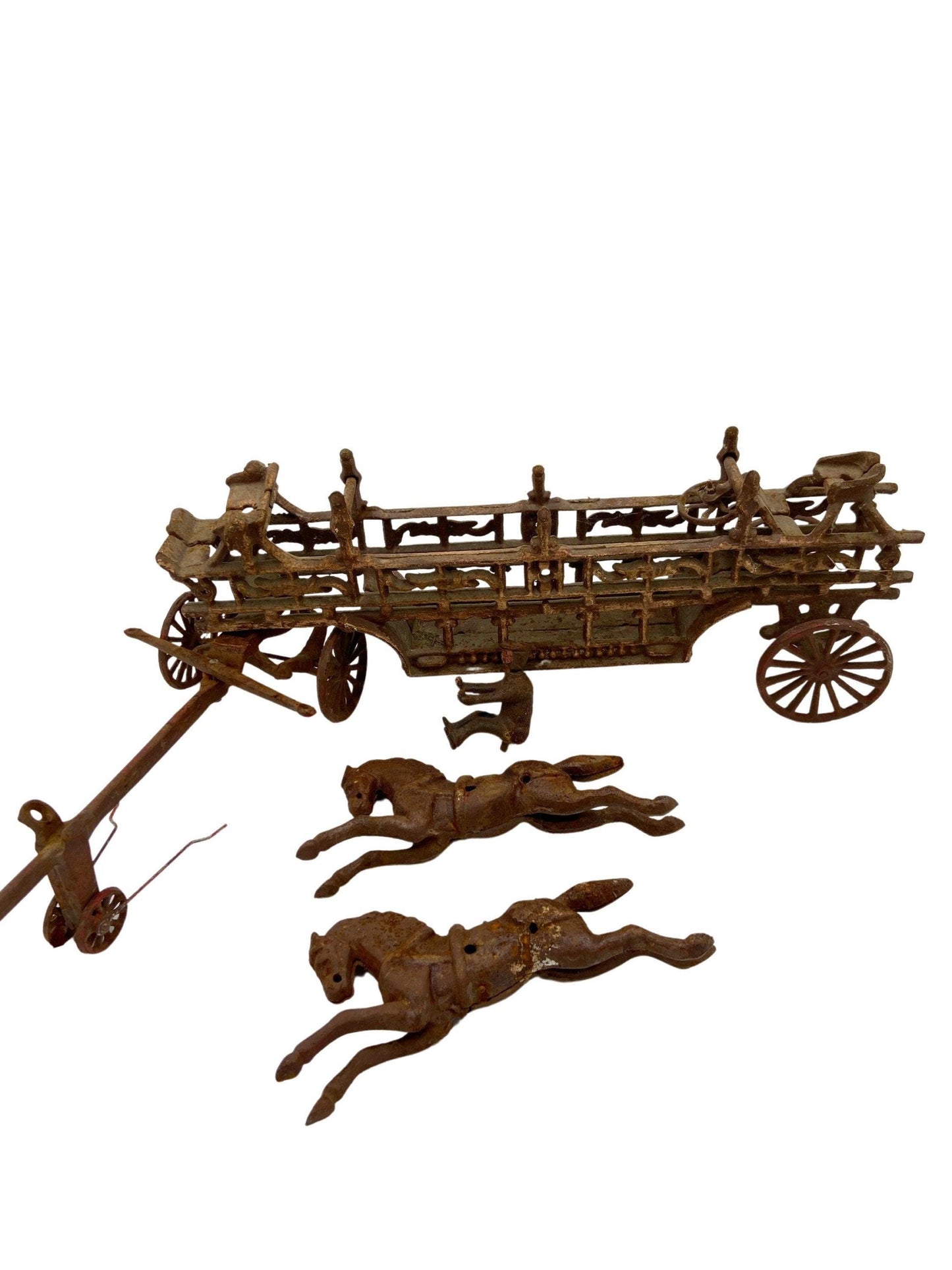 Horse Drawn Fire Wagon, Vintage Cast Iron Toy, Antique Horse And Buggy, Toy Collector Gift, Farm Collectible, Die Cast Metal Toy -Located at Funkyhouse Vintage Antique Store, Weiser Idaho