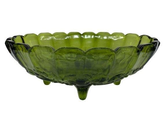 Indiana Glass Harvest Grape Large Footed Bowl, Vintage Avocado Green Serving Bowl -Located at Funkyhouse Vintage Antique Store, Weiser Idaho