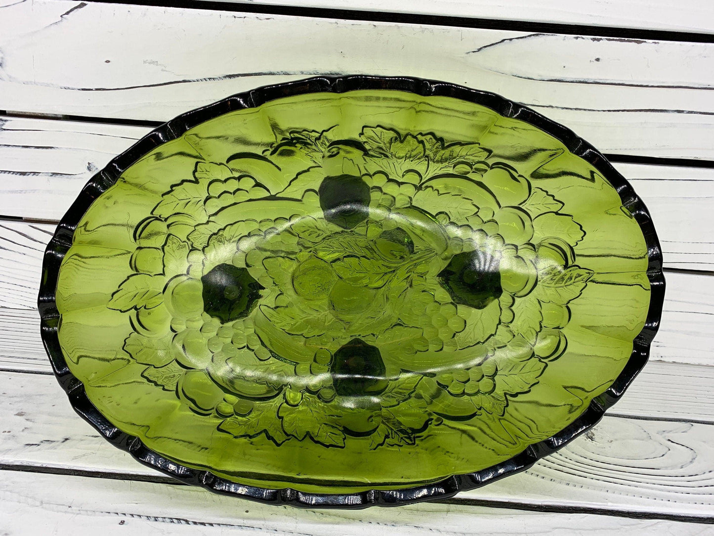 Indiana Glass Harvest Grape Large Footed Bowl, Vintage Avocado Green Serving Bowl -Located at Funkyhouse Vintage Antique Store, Weiser Idaho