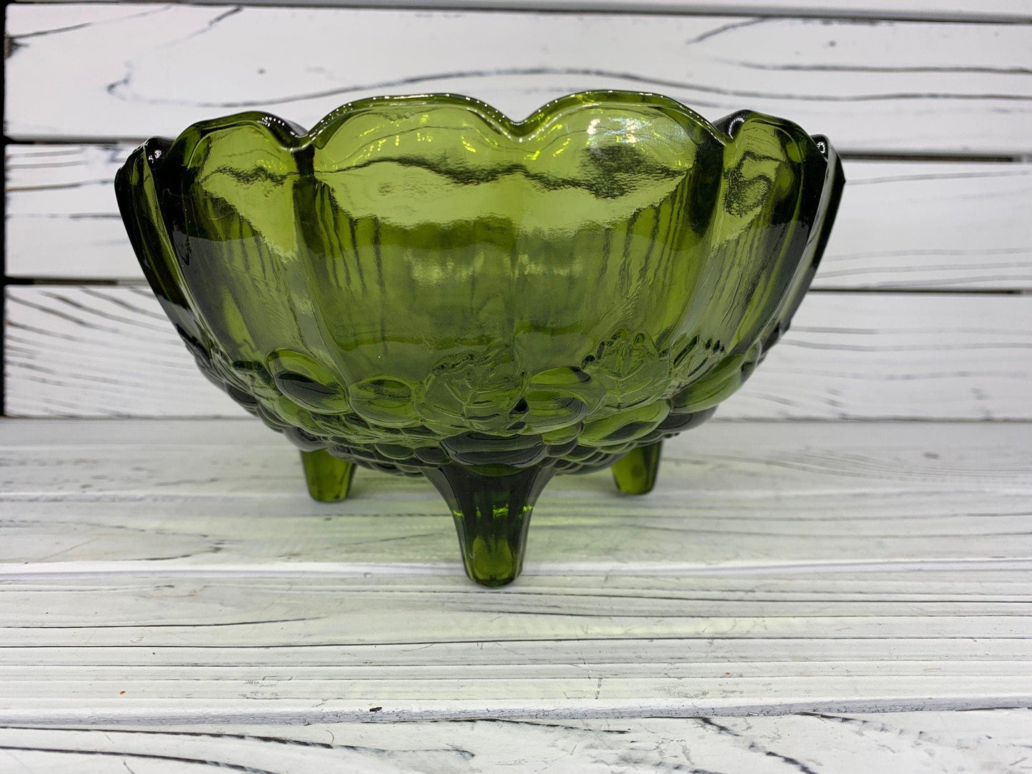 Indiana Glass Large Footed Bowl, Vintage Avocado Green Serving Bowl -Located at Funkyhouse Vintage Antique Store, Weiser Idaho