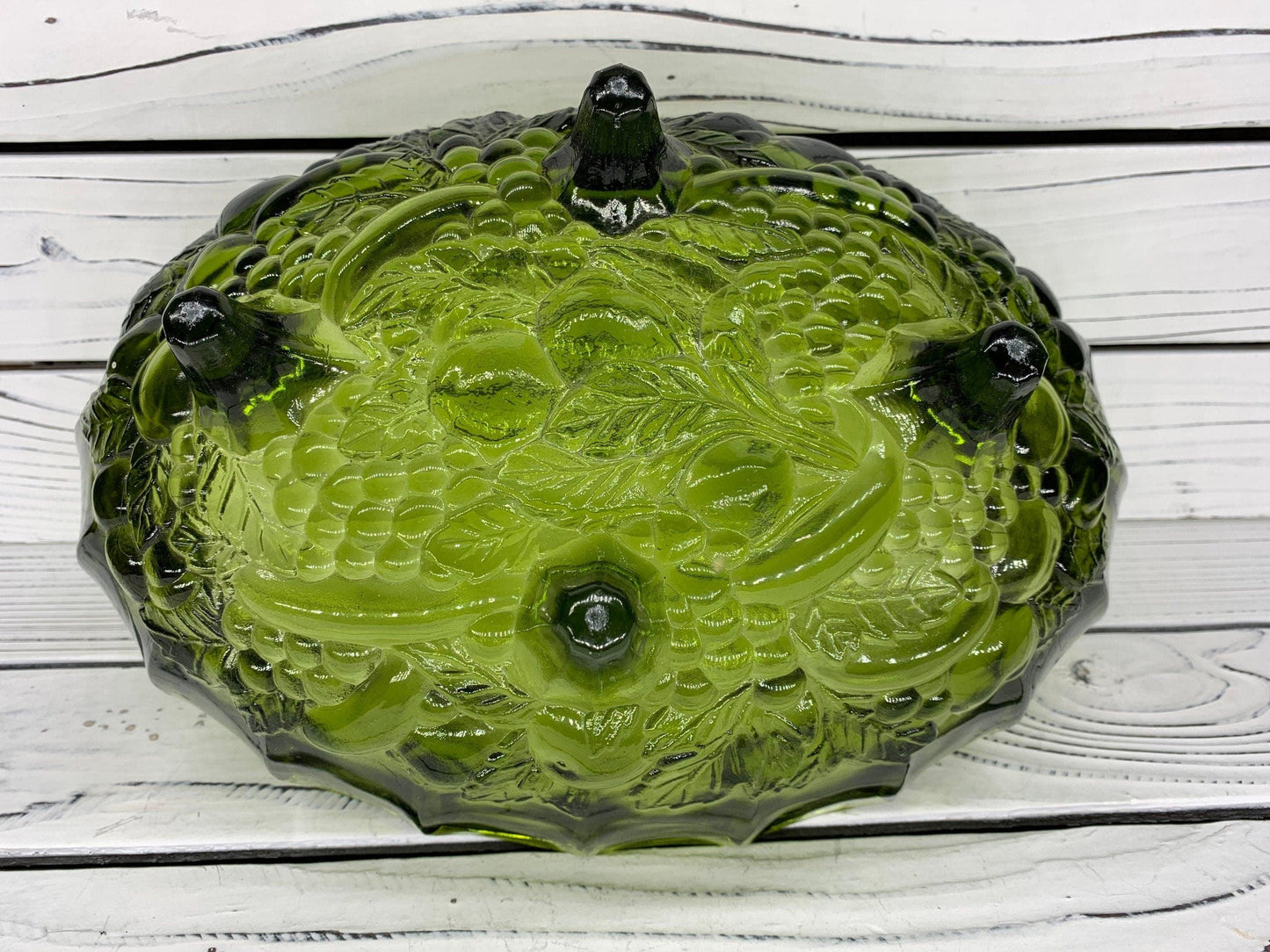 Indiana Glass Large Footed Bowl, Vintage Avocado Green Serving Bowl -Located at Funkyhouse Vintage Antique Store, Weiser Idaho
