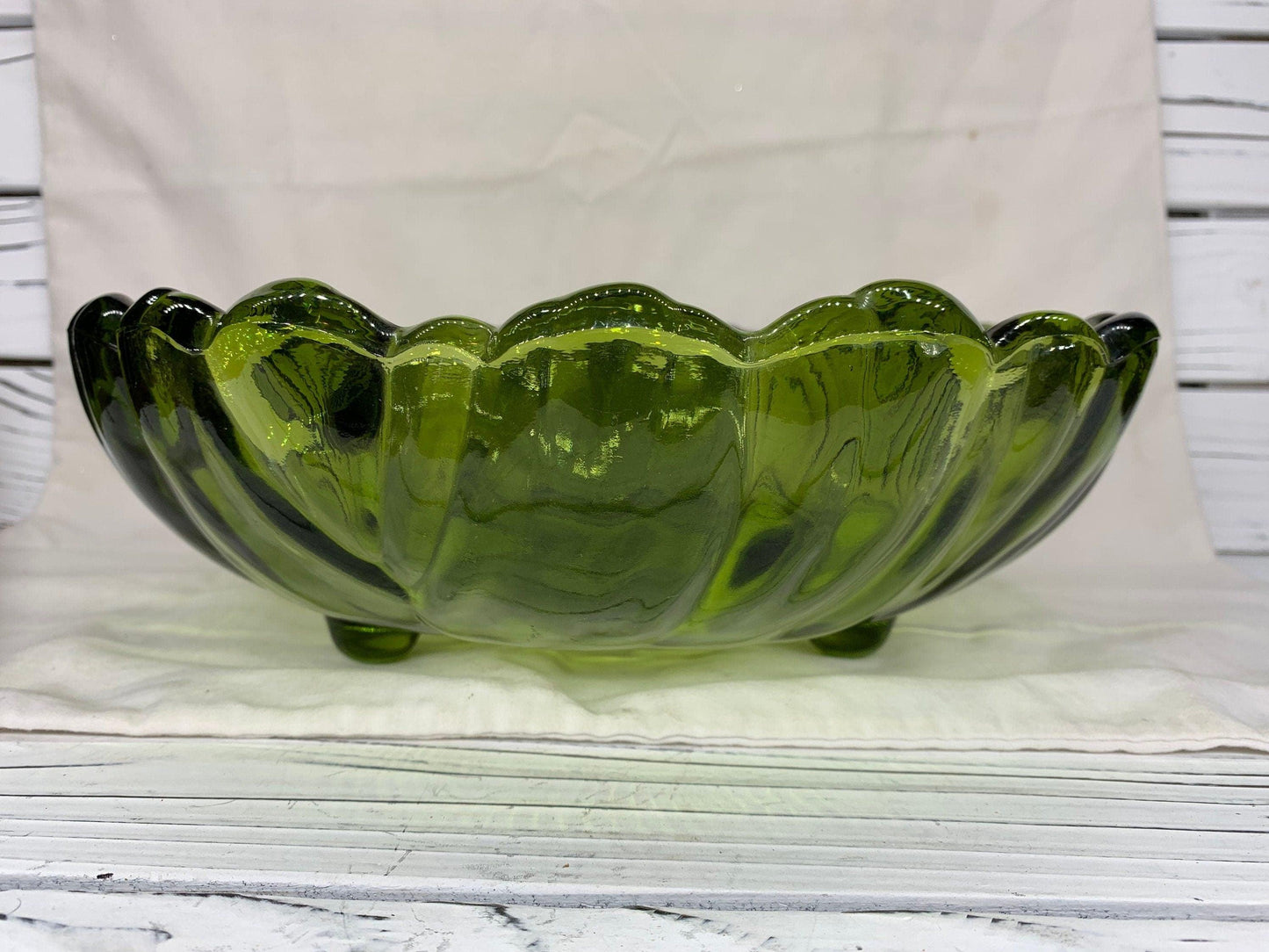 Indiana Glass Large Footed Bowl, Vintage Avocado Green Serving Bowl -Located at Funkyhouse Vintage Antique Store, Weiser Idaho