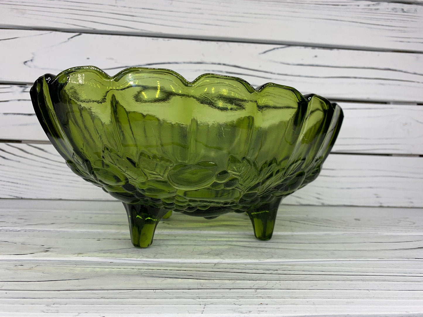 Indiana Glass Large Footed Bowl, Vintage Avocado Green Serving Bowl -Located at Funkyhouse Vintage Antique Store, Weiser Idaho
