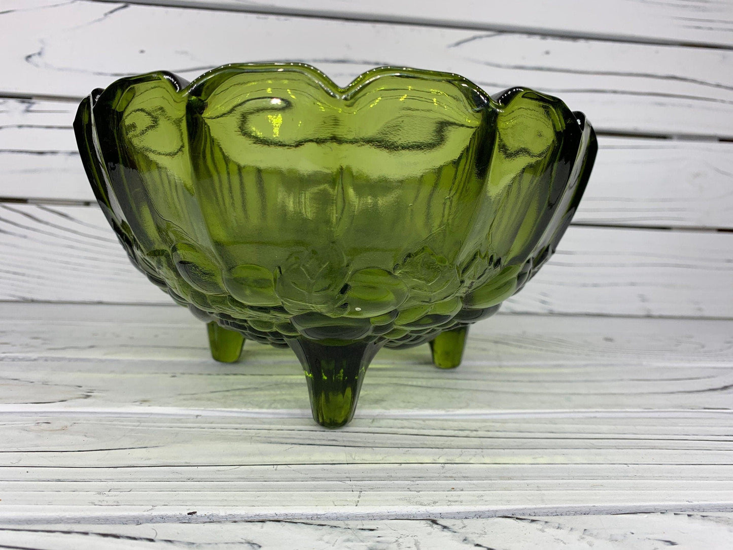 Indiana Glass Large Footed Bowl, Vintage Avocado Green Serving Bowl -Located at Funkyhouse Vintage Antique Store, Weiser Idaho