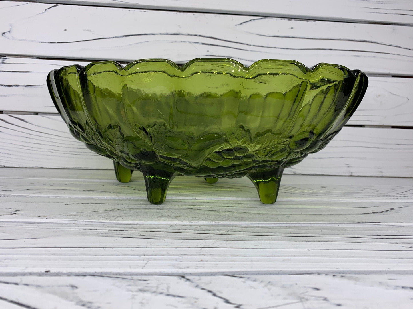 Indiana Glass Large Footed Bowl, Vintage Avocado Green Serving Bowl -Located at Funkyhouse Vintage Antique Store, Weiser Idaho