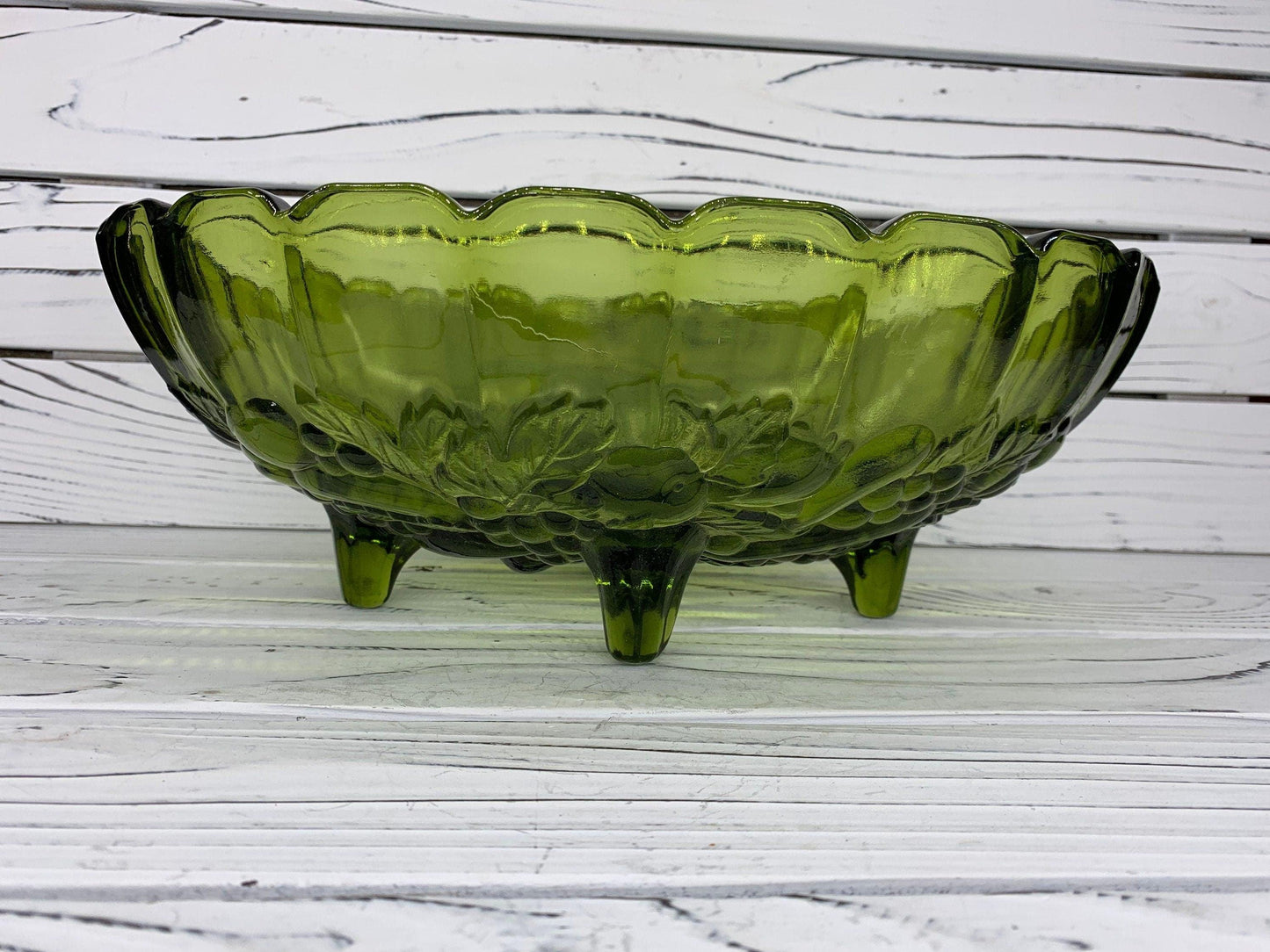 Indiana Glass Large Footed Bowl, Vintage Avocado Green Serving Bowl -Located at Funkyhouse Vintage Antique Store, Weiser Idaho