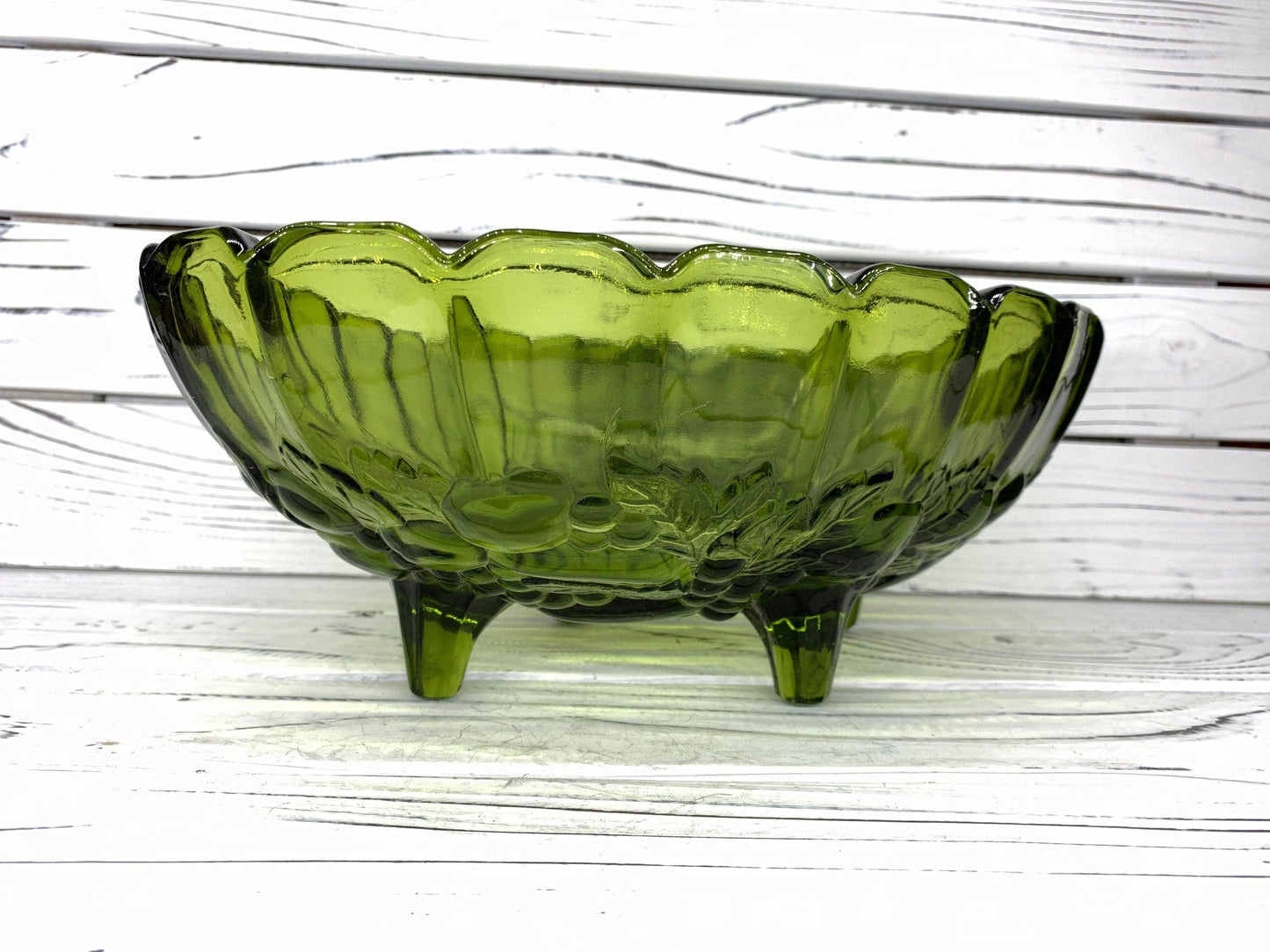 Indiana Glass Large Footed Bowl, Vintage Avocado Green Serving Bowl -Located at Funkyhouse Vintage Antique Store, Weiser Idaho