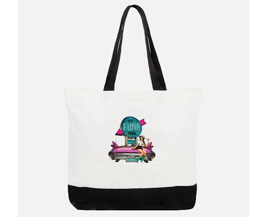 Large Retro Cotton Tote, dysFUNKtional Funny Quote Bag, Vintage Pin-up Girl, Classic Cadillac at Drive In, 1950s Funky Gear -Located at Funkyhouse Vintage Antique Store, Weiser Idaho