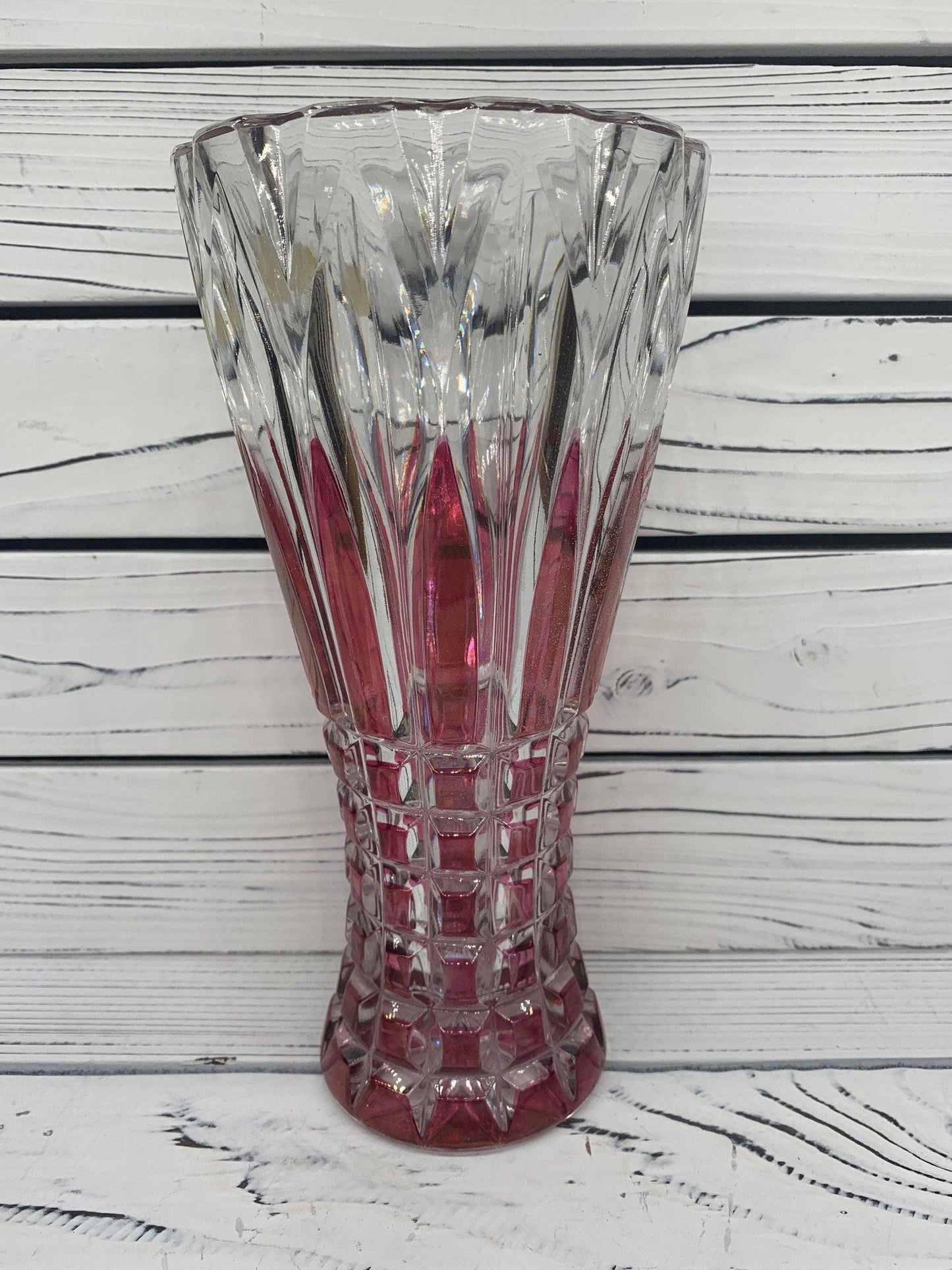 Lead Crystal Vase, Made in Germany, Red Clear Crystal Vase With Intricate Design -Located at Funkyhouse Vintage Antique Store, Weiser Idaho